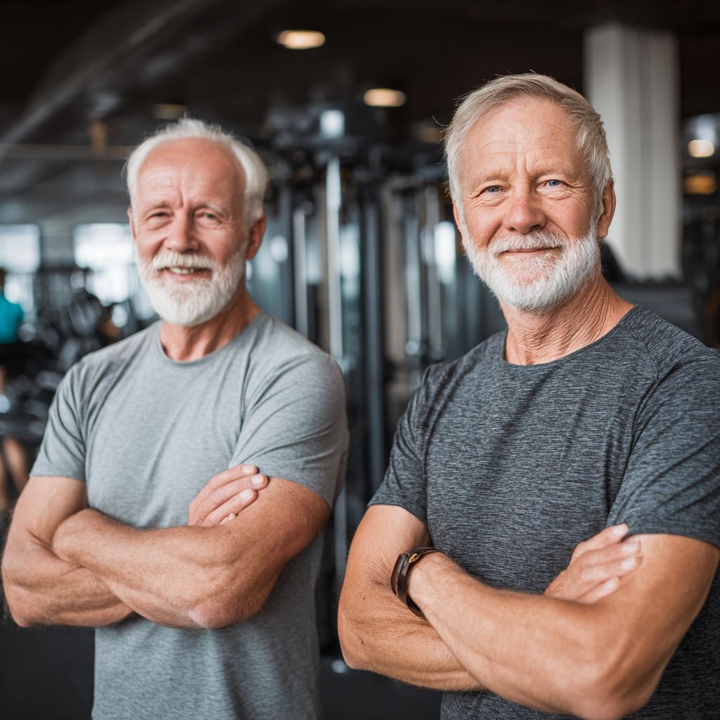 Confident older adult man after successful fitness transformation showing strength and determination