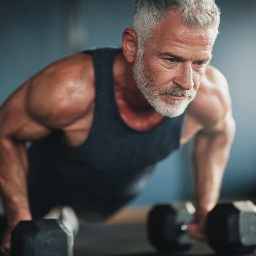 Middle-aged man doing strength training with focus and determination
